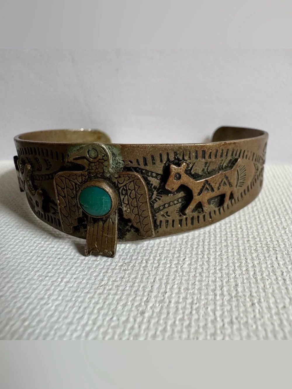 Vtg Nickel Silver Genuine Turquoise Thunderbird Horse Cuff Bracelet Southwest